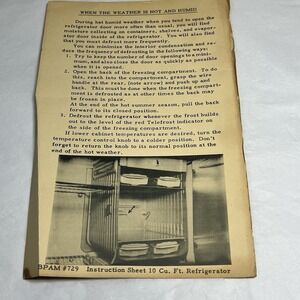 1950 Vintage Refrigerator Instruction Manual Ice‎ Box BPAM #729 10 Cu. Ft.